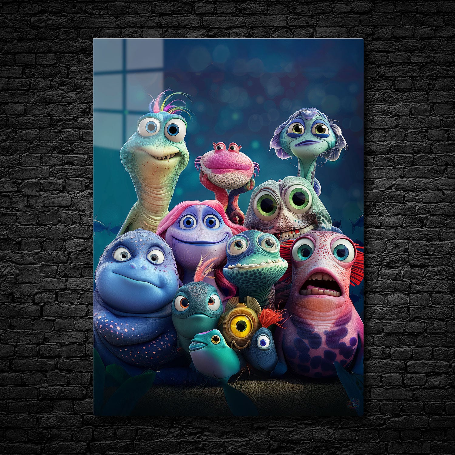 A group of colorful and expressive cartoon sea creatures with big eyes and diverse personalities against a deep blue background.