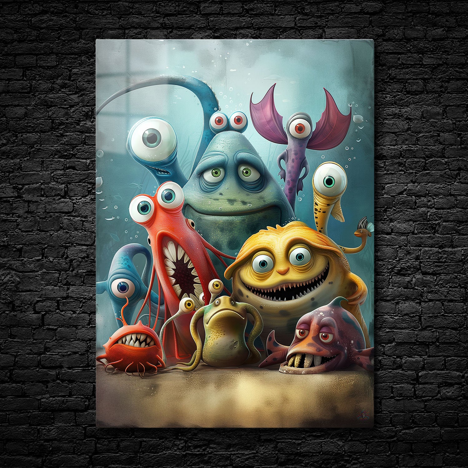 A group of strange and expressive cartoon sea creatures with exaggerated eyes and features, set in a dark and whimsical underwater background.