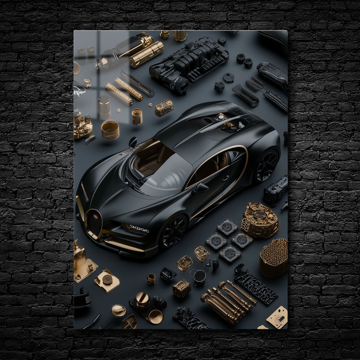 Artistic image of a black and gold Bugatti Chiron car, disassembled into neatly arranged components, showcasing intricate mechanical parts and sleek design.