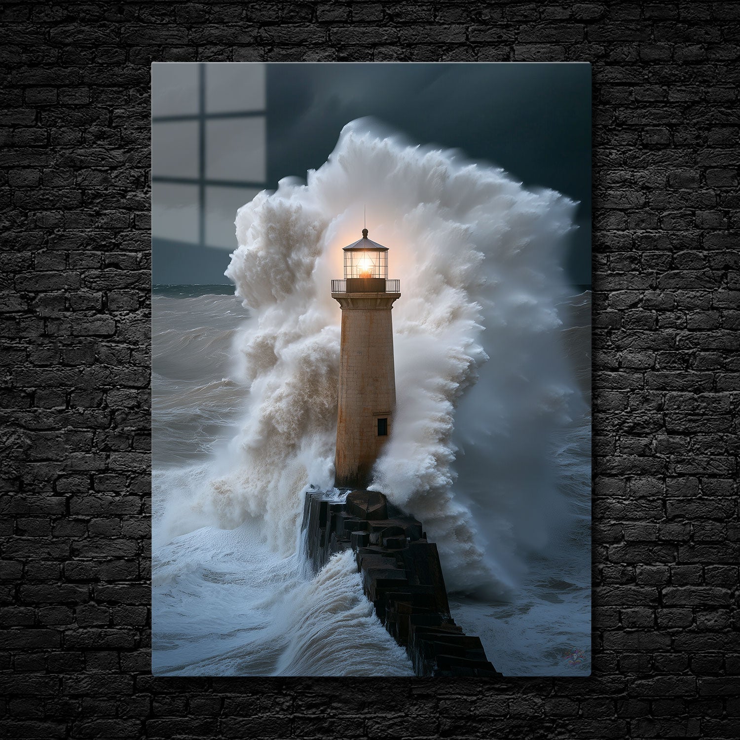 Artistic image of a lighthouse with bright light enduring massive waves crashing against it during a dark, stormy night, symbolizing strength and resilience.