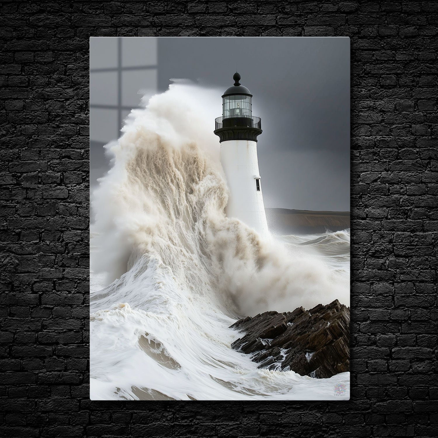 A lighthouse being hit by a massive wave during a storm, showcasing the force of nature and the resilience of the structure.