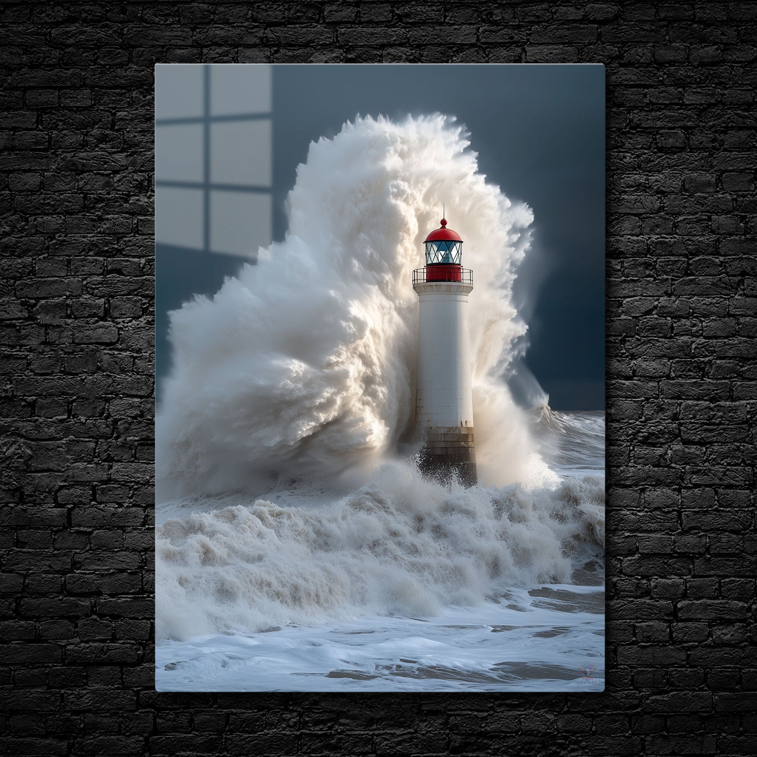 A dramatic scene of a lighthouse being struck by massive waves during a storm, with powerful ocean currents and dynamic lighting showcasing the strength of the structure - Metal Print