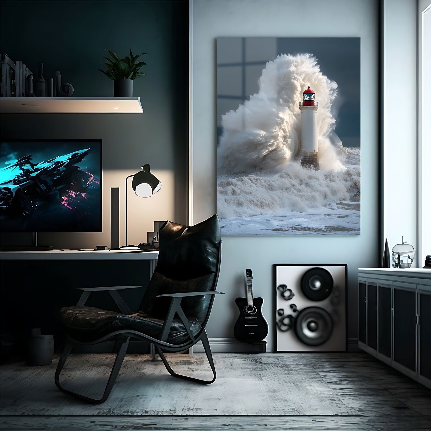 This captivating artwork captures the raw power of nature as towering waves crash against a steadfast lighthouse - Metal Print