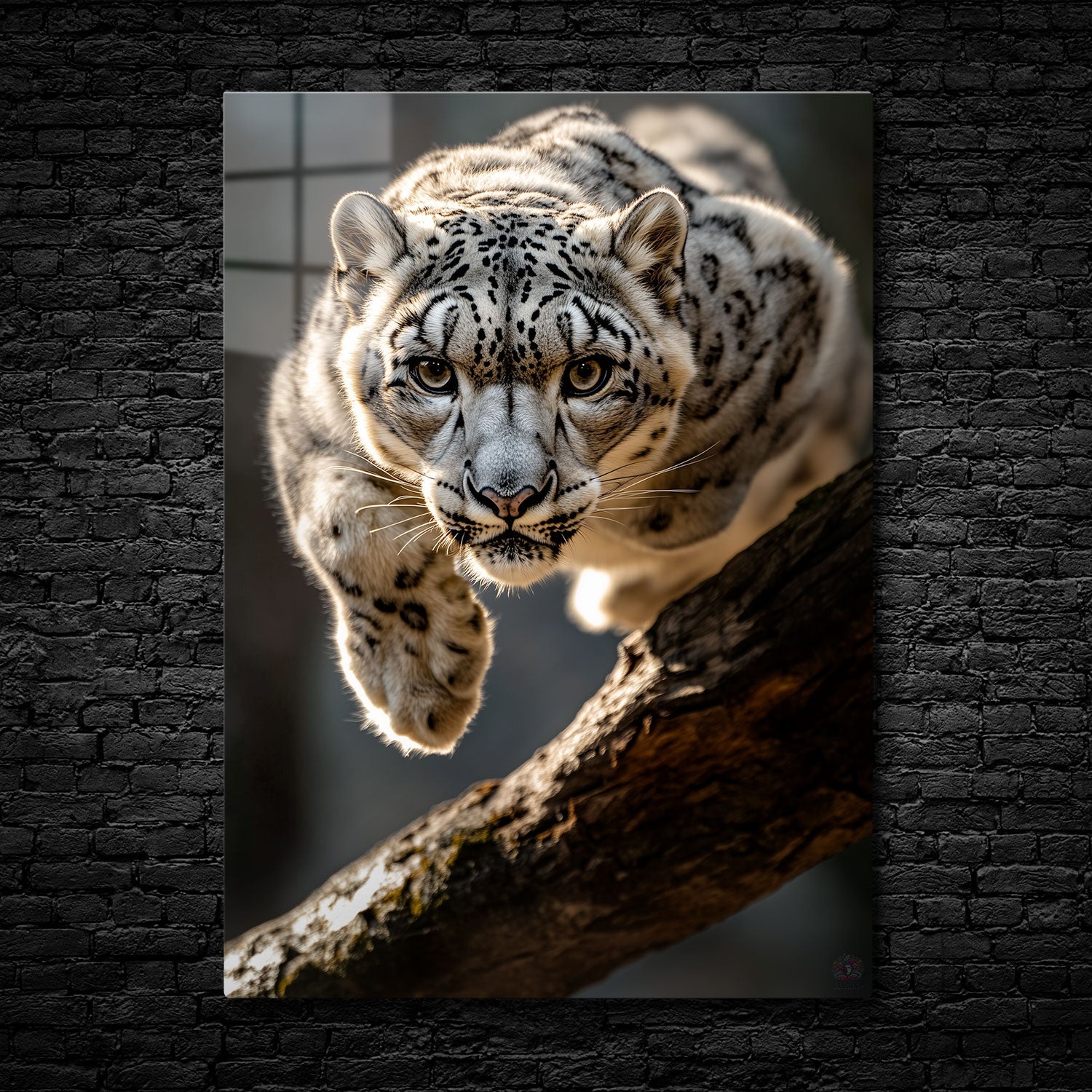 Snow leopard leaping gracefully with focused eyes and detailed fur patterns, showcasing its power and agility.