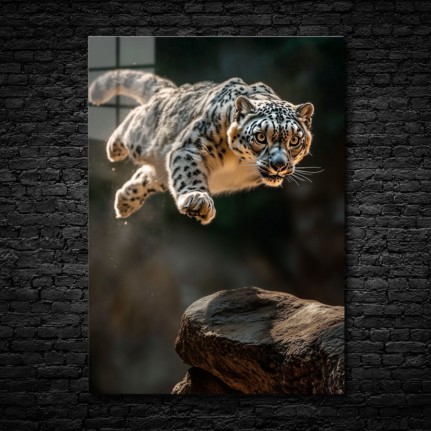 A snow leopard captured in mid-leap with intense focus, leaping towards a rocky ledge in a natural setting, with light highlighting its distinctive spotted fur.