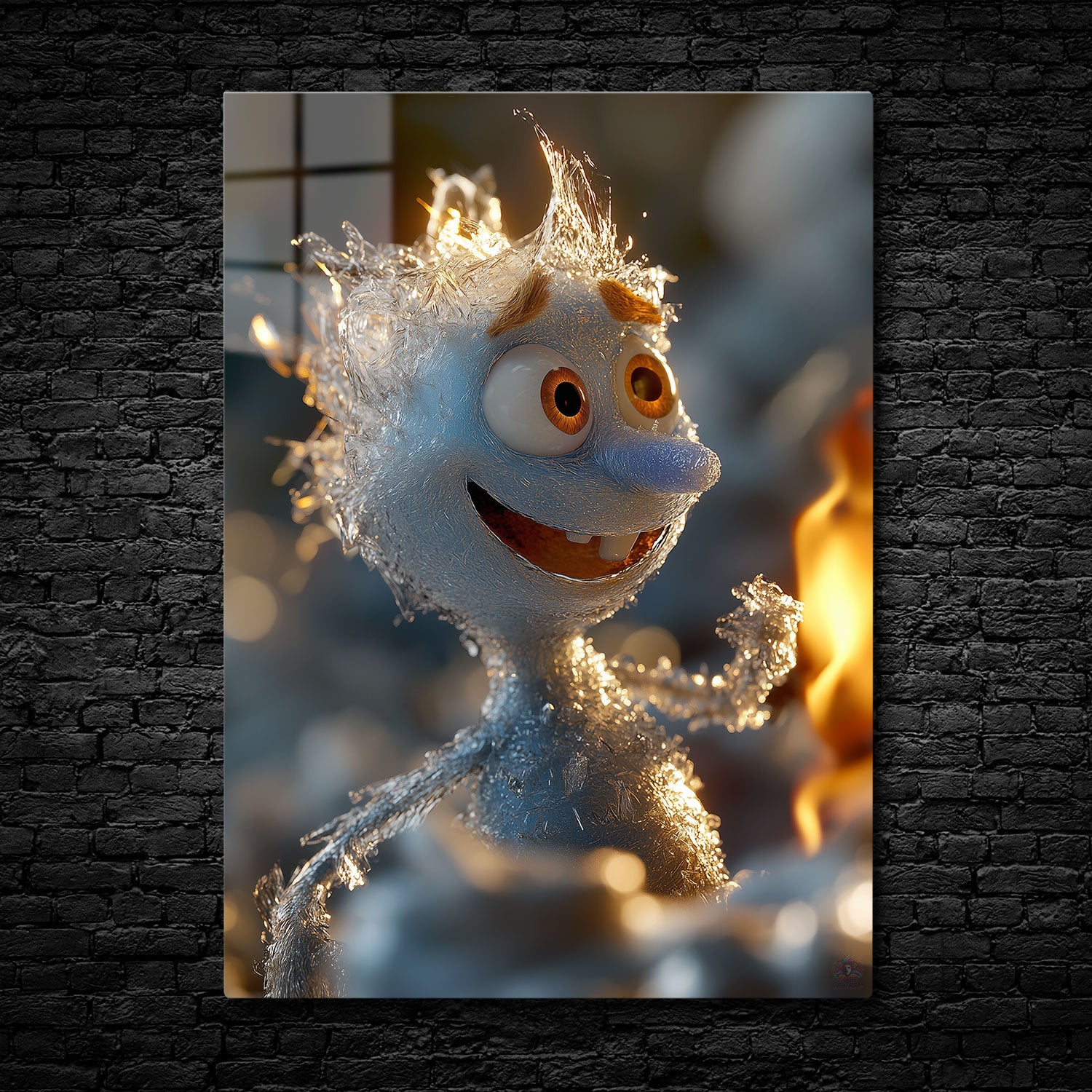 A photorealistic ice character with a joyful expression, gazing at a flame in a warm, glowing setting.