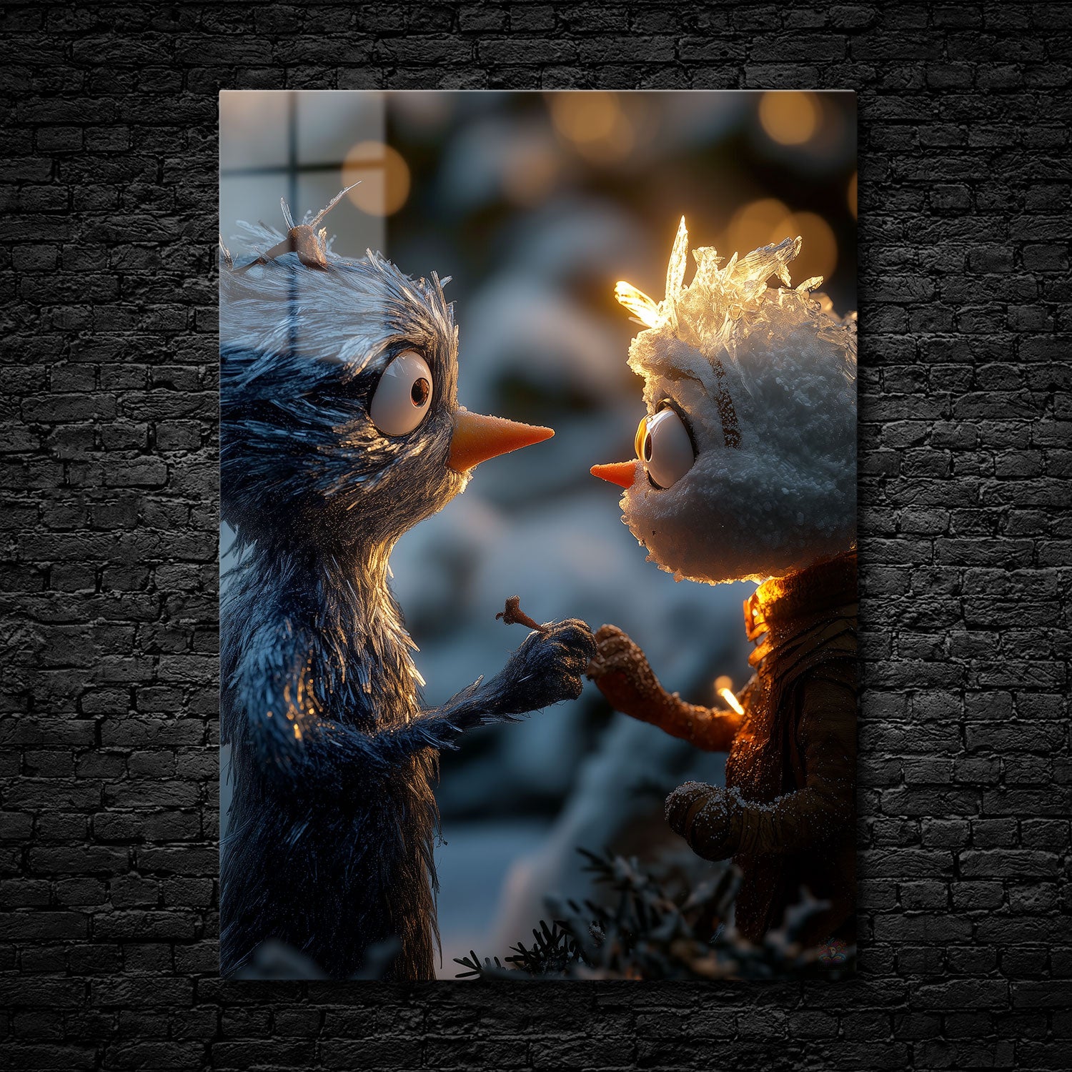 Close-up of two whimsical, frosty characters sharing a heartfelt moment, illuminated by a soft glow in a snowy, winter night setting.