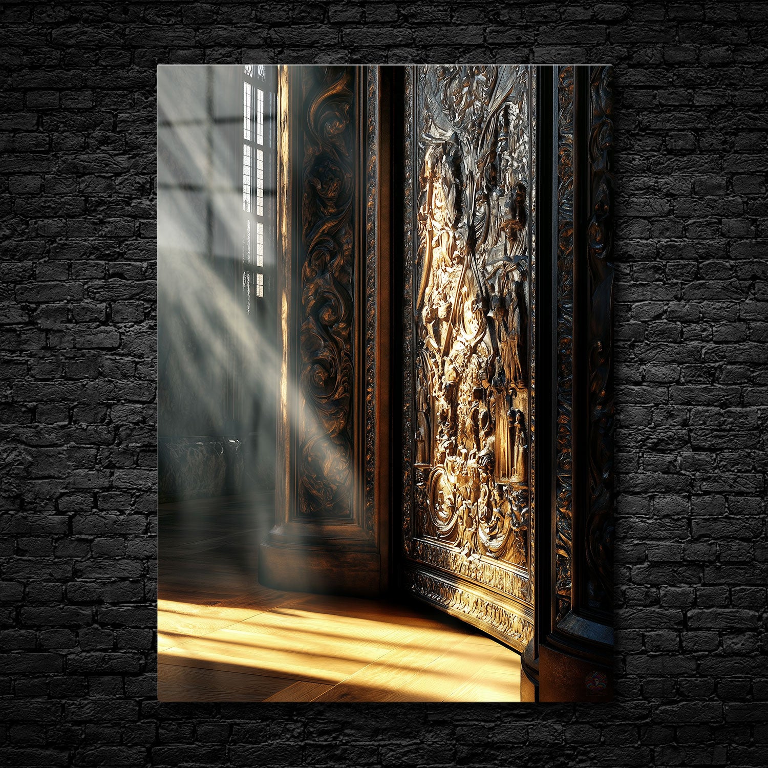 Detailed view of an intricately carved Baroque-style wooden door, illuminated by soft sunlight streaming through a nearby window, casting dramatic shadows across the ornate patterns.