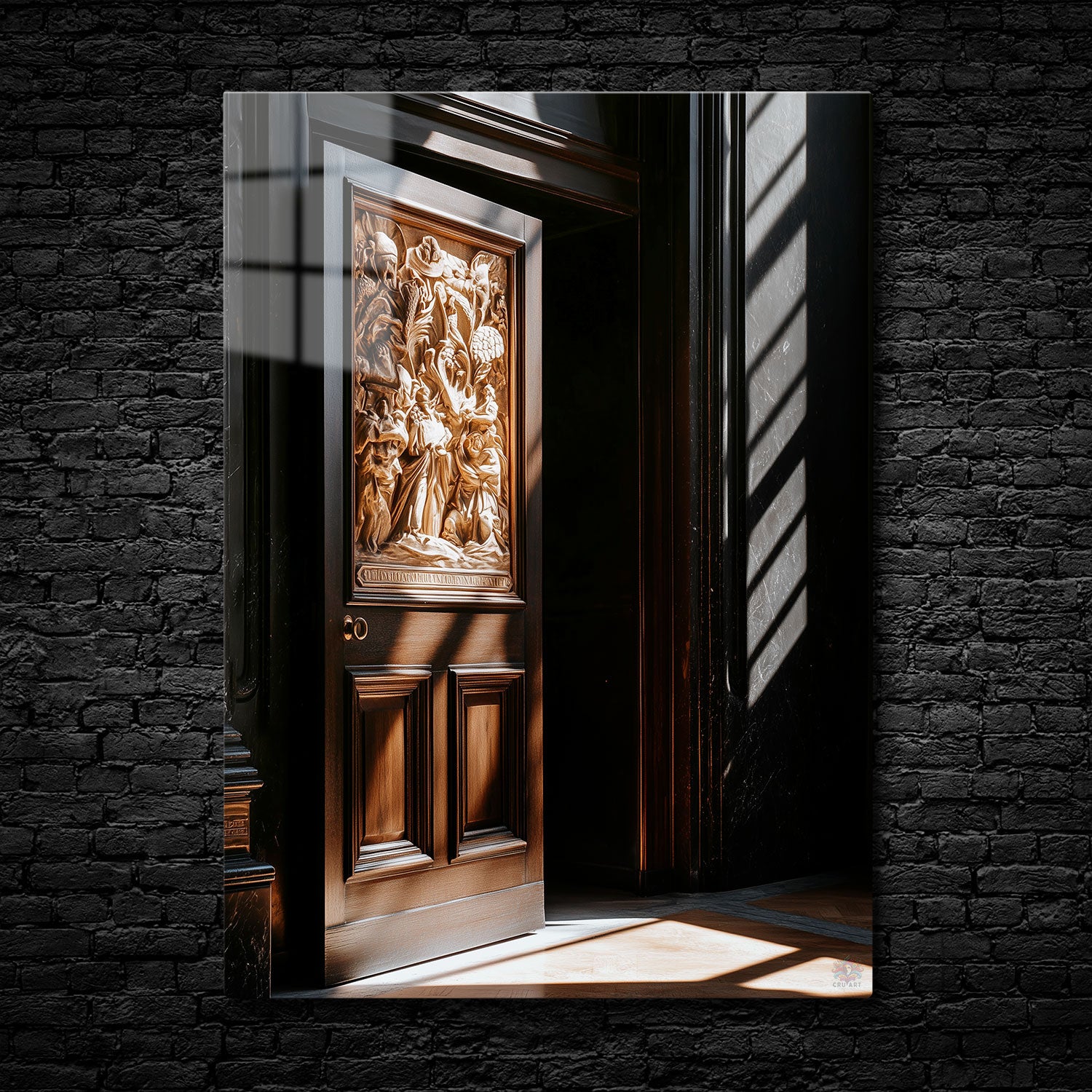 A richly carved Baroque-style wooden door partially open, illuminated by sunlight casting warm highlights and shadows across its intricate designs.