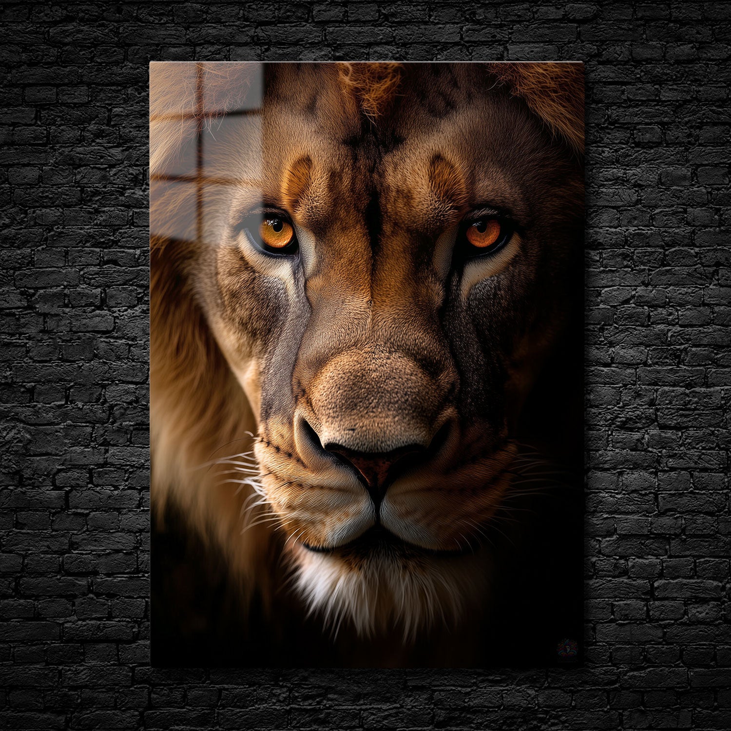 Close-up portrait of a lion with intense, fiery eyes, showcasing intricate details of its mane and powerful expression.