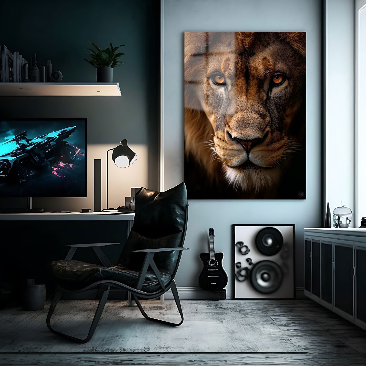 This captivating artwork presents a close-up portrait of a lion, showcasing the fierce and intense gaze of the majestic king of the jungle.