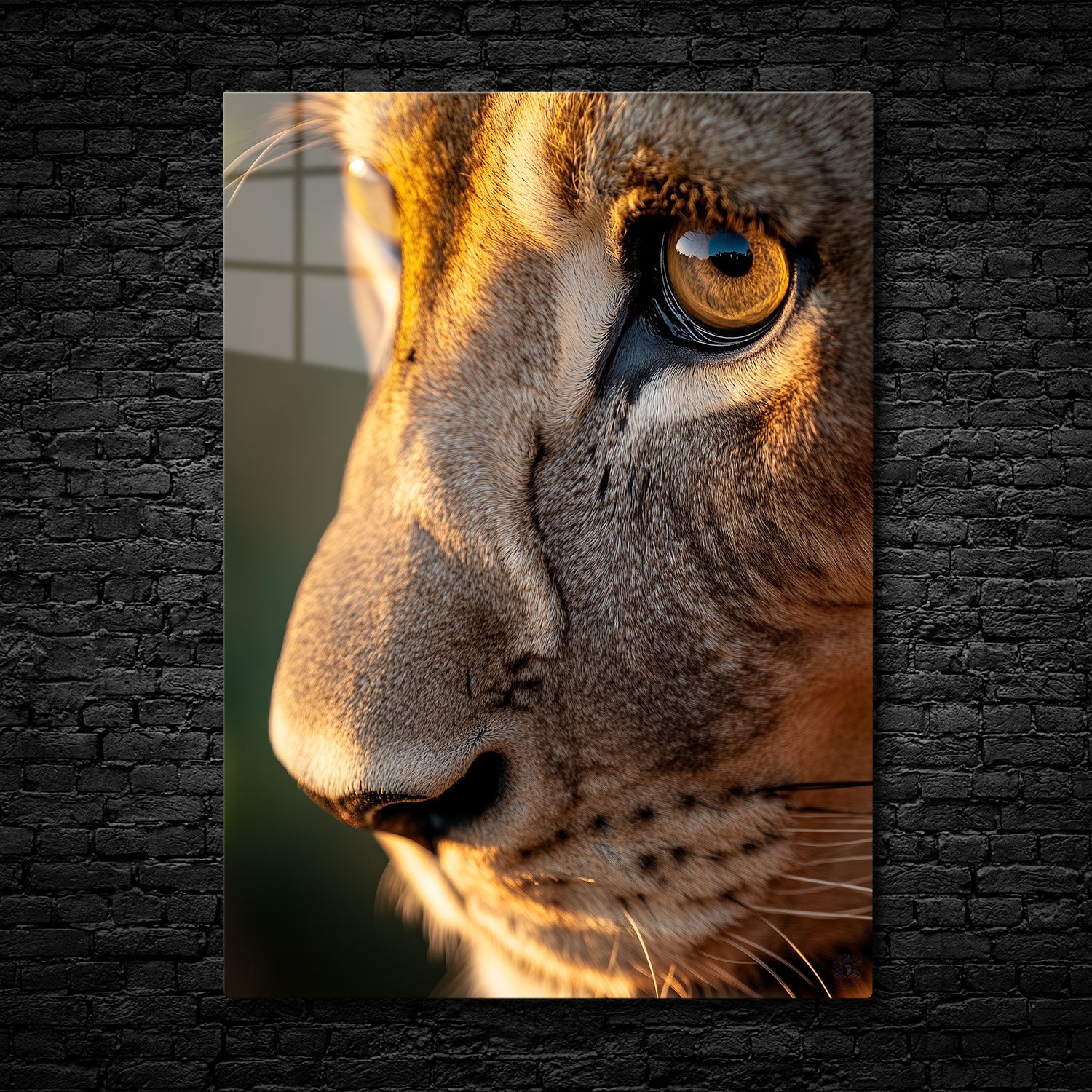 Close-up of a lioness’s face with a focus on her golden eye and detailed fur, illuminated by warm sunlight.