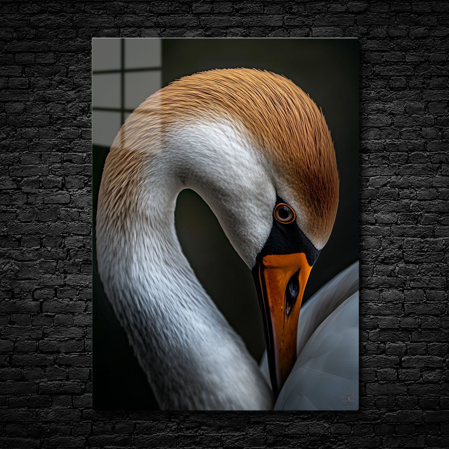 Close-up of a swan with a gracefully curved neck, showcasing detailed feathers and a warm, elegant color contrast.