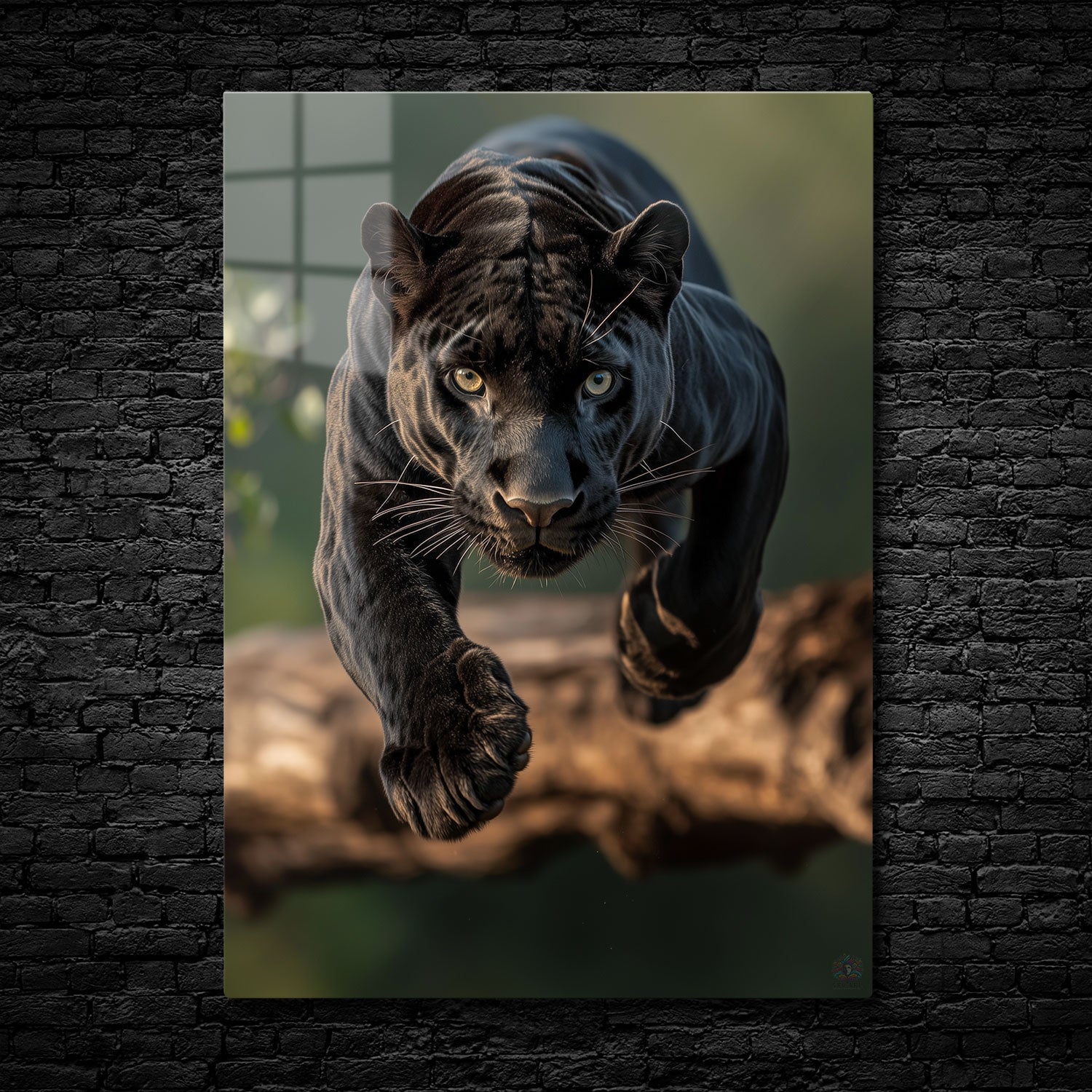 Black panther mid-leap with focused eyes, sleek muscles highlighted, set against a blurred natural background.