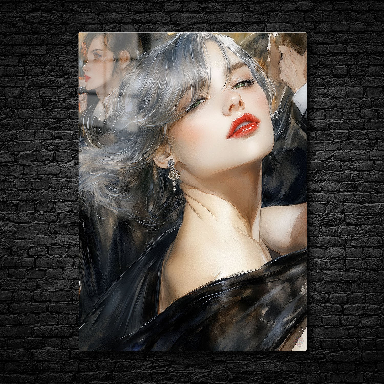 Portrait of a glamorous woman with silver-gray hair, red lips, and a confident expression, embodying elegance and sophistication.