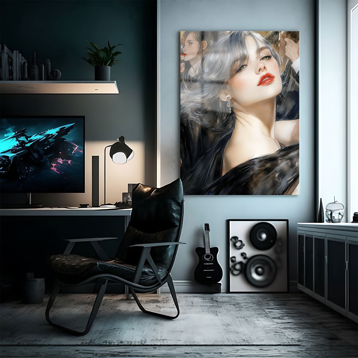 This artwork captures the allure of sophistication with a striking portrait of a woman exuding high-class glamour. 