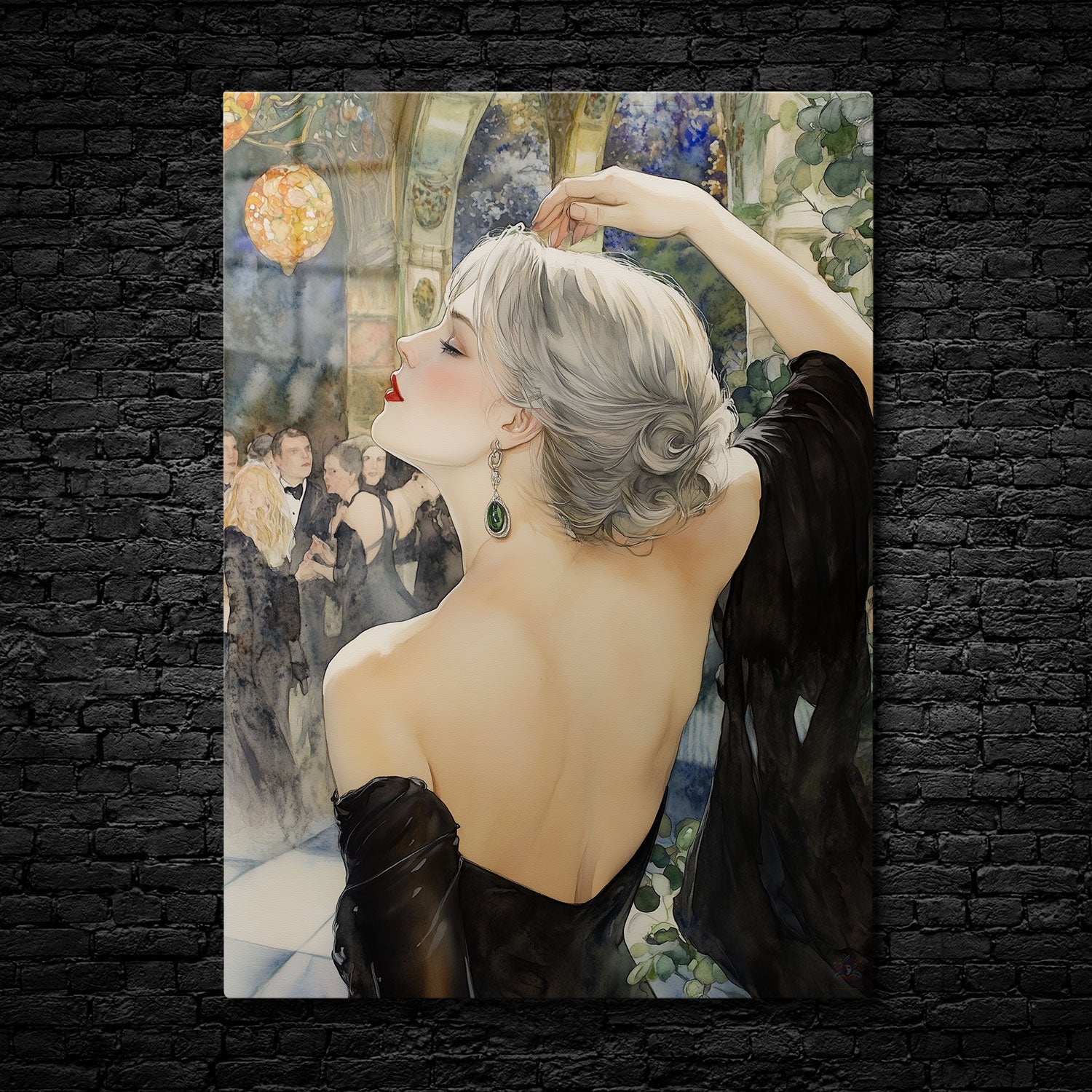 Elegant woman with silver-gray hair and emerald earrings, wearing a black gown in an opulent ballroom setting.