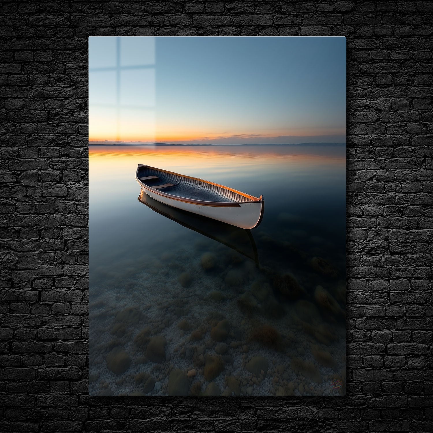 A single wooden boat floating on calm, clear water at sunrise with warm, soft colors reflecting on the surface.