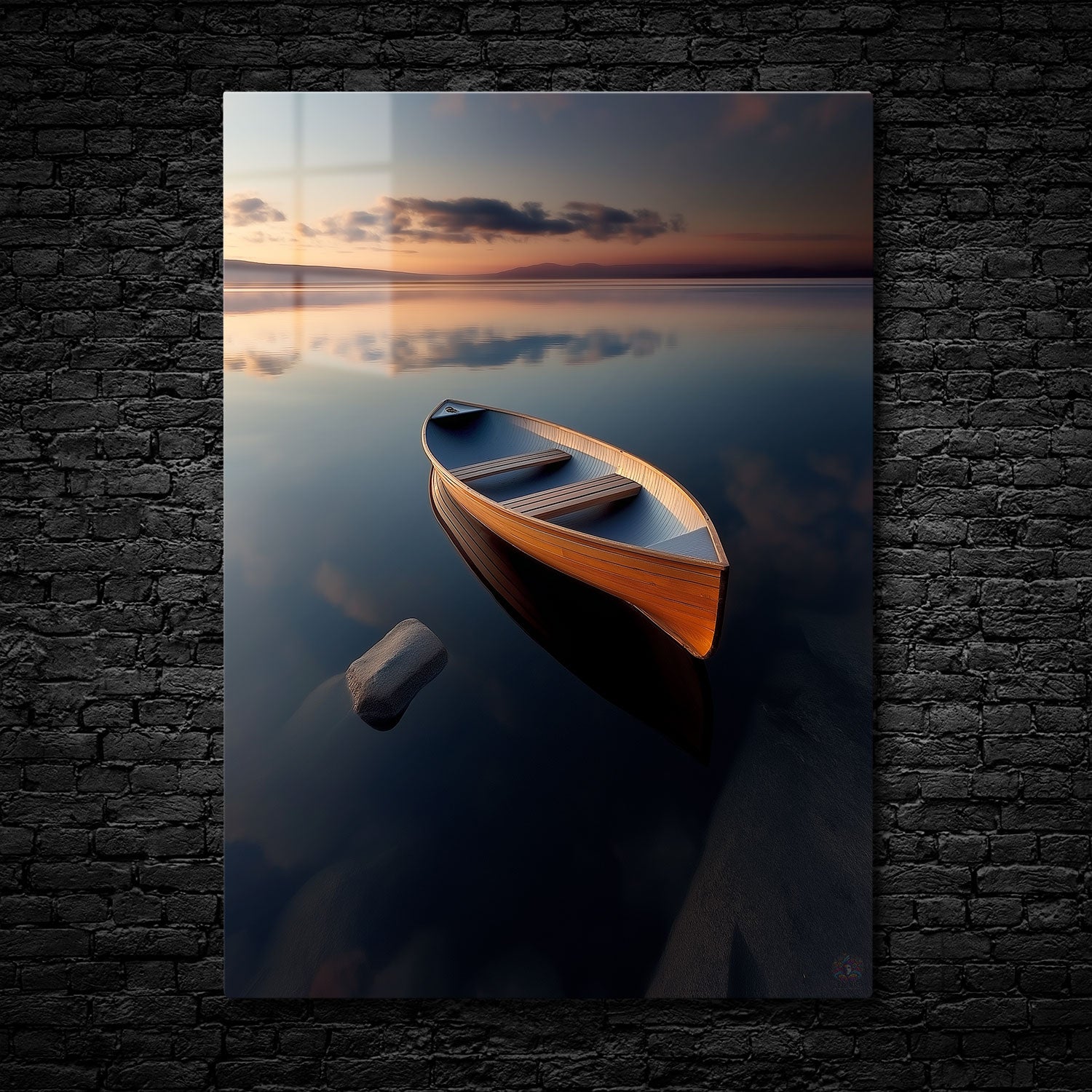 A single wooden boat floats on calm, reflective water at sunrise, with clouds and warm colors mirrored on the water's surface.