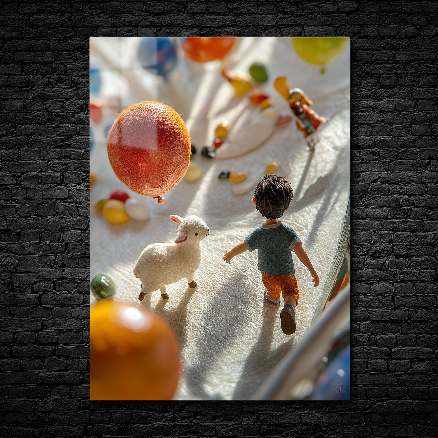 A whimsical scene of a boy walking with a lamb, surrounded by colorful balloons and playful shapes - Metal Print