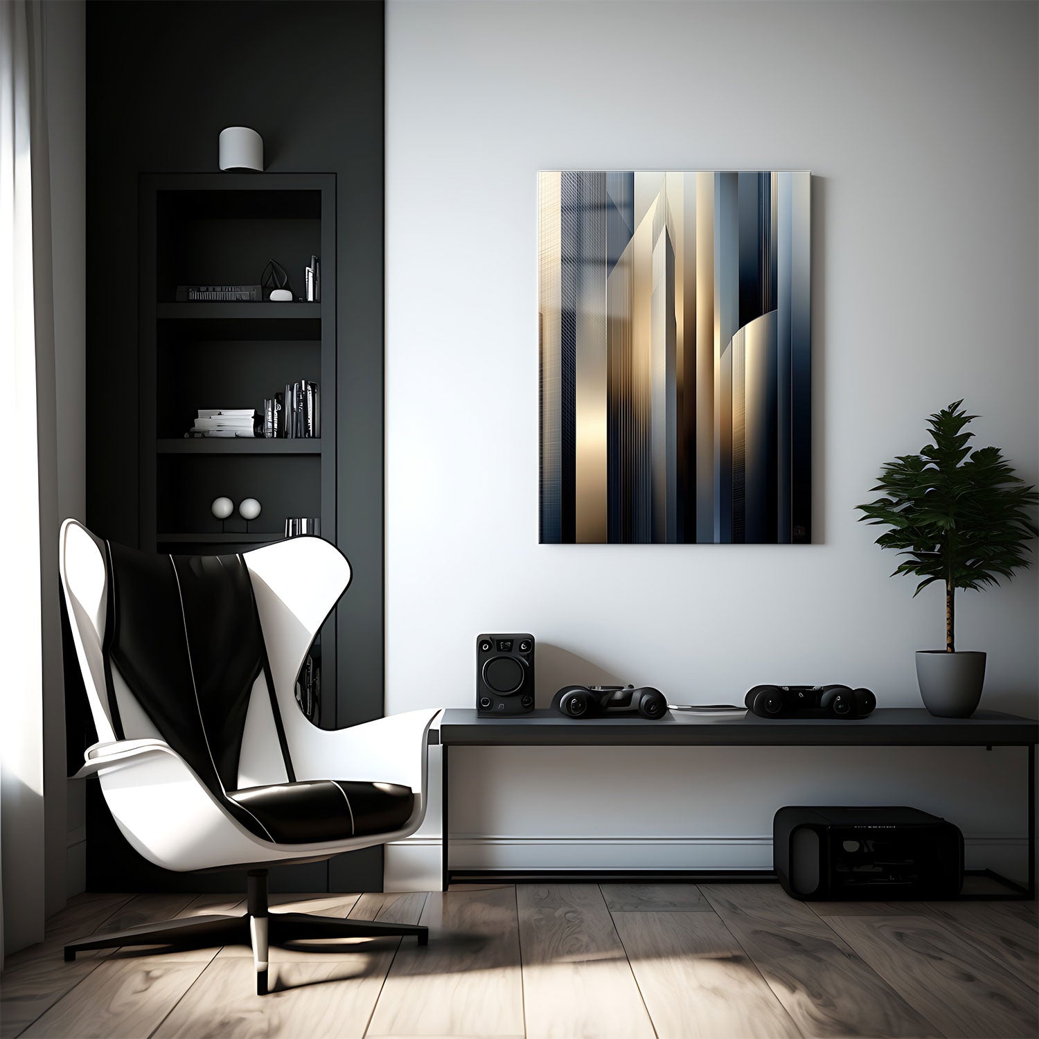 The abstract geometric composition showcases the modern architectural beauty of an urban skyline, creating a striking visual statement perfect for contemporary spaces - HD Metal Print