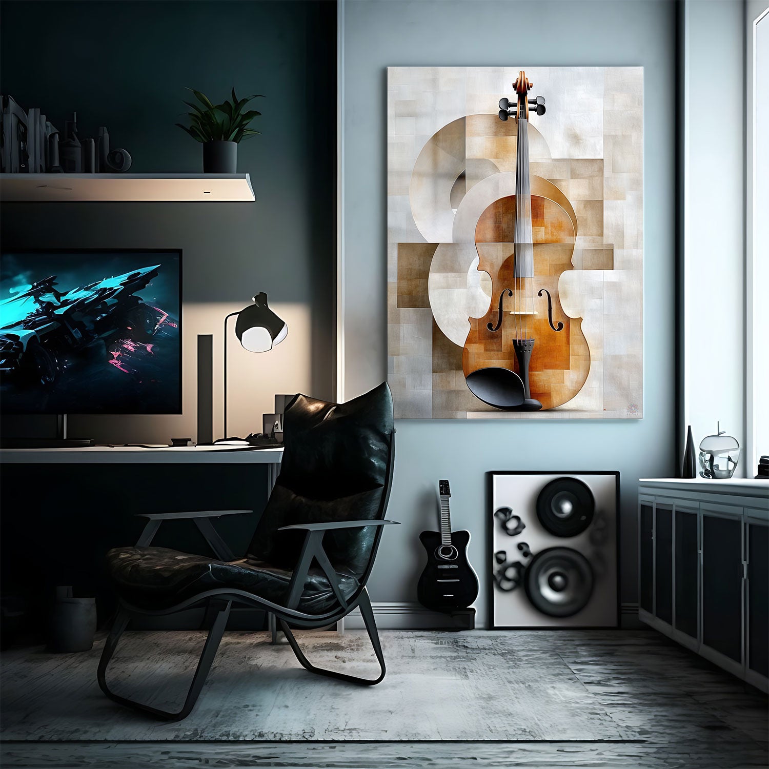 This refined metal print showcases an abstract interpretation of a classic violin.  - Metal Print