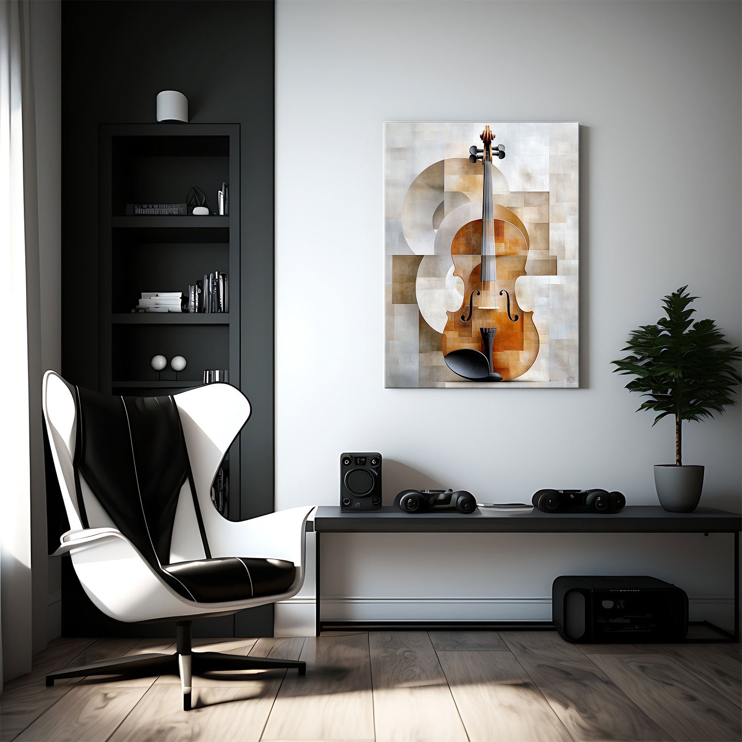 The warm wooden tones of the instrument contrast beautifully with the muted, geometric background in soft neutrals - Metal Print