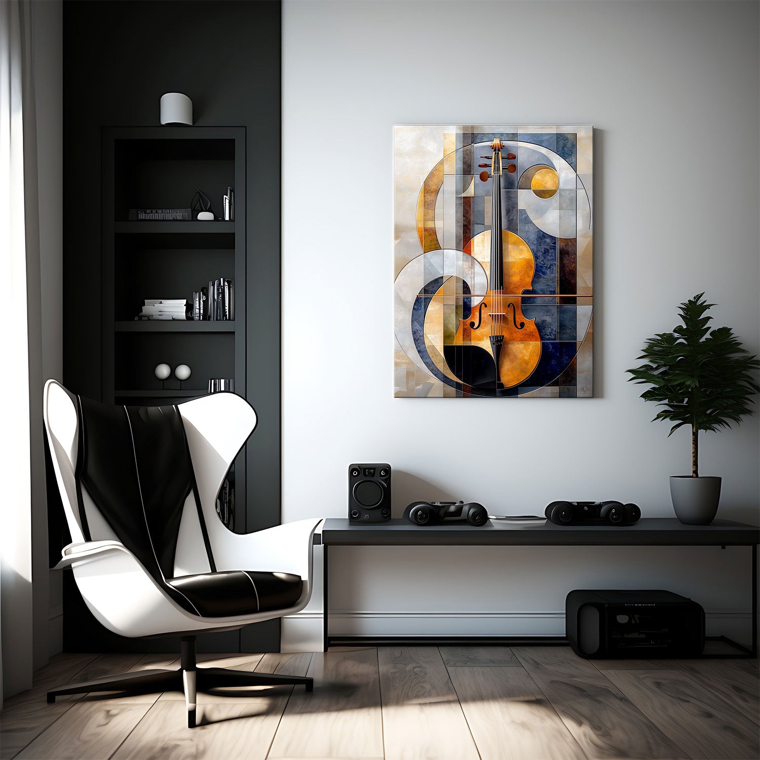 Artistic depiction of a violin with golden and blue hues, framed by geometric and circular patterns - Metal Print