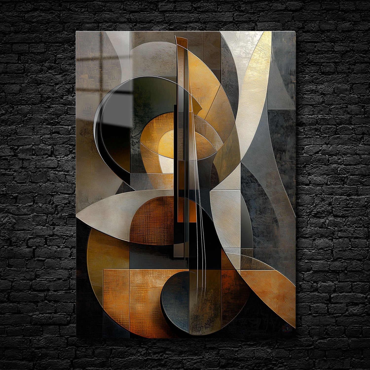 Abstract art of a violin blending golden, bronze, and black tones with geometric elegance - Metal Print