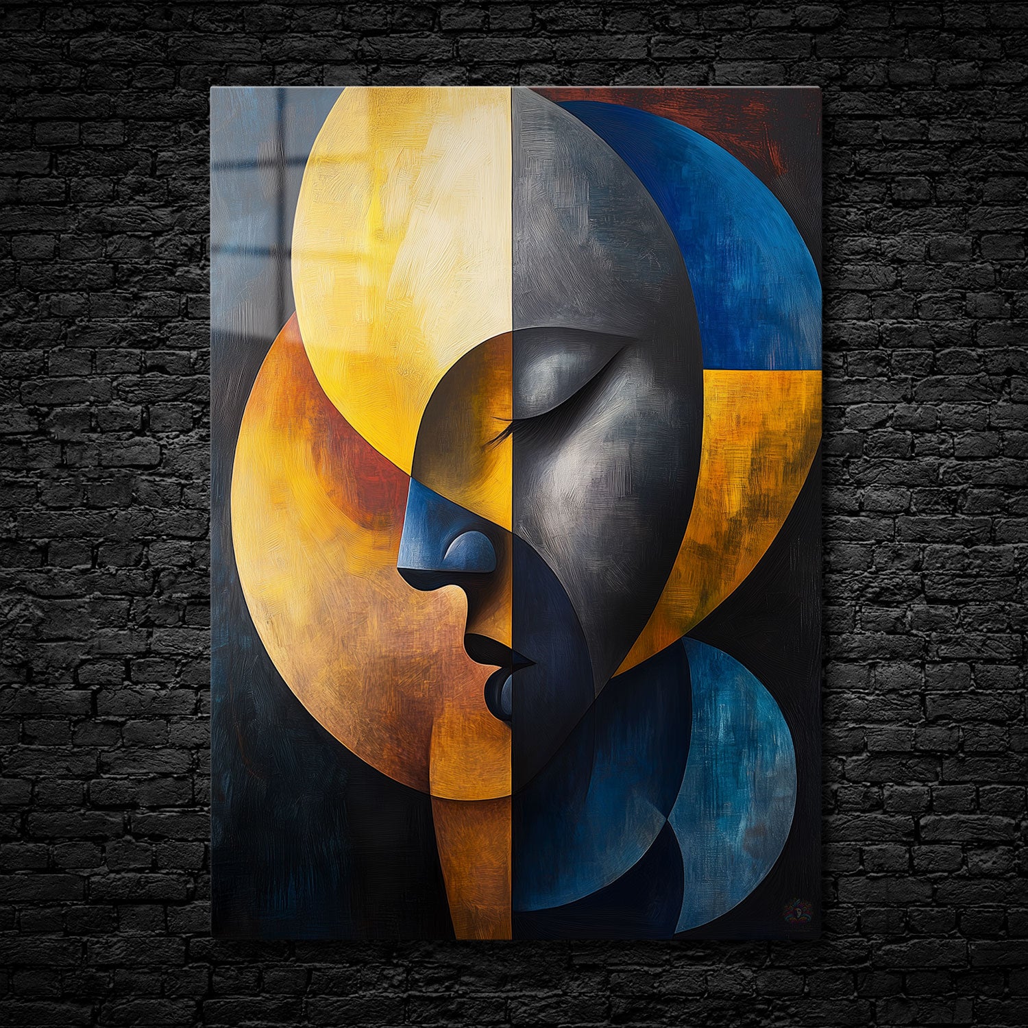 Abstract painting of a face divided into warm and cool tones, featuring geometric shapes in shades of yellow, orange, blue, and gray, symbolizing duality and introspection.