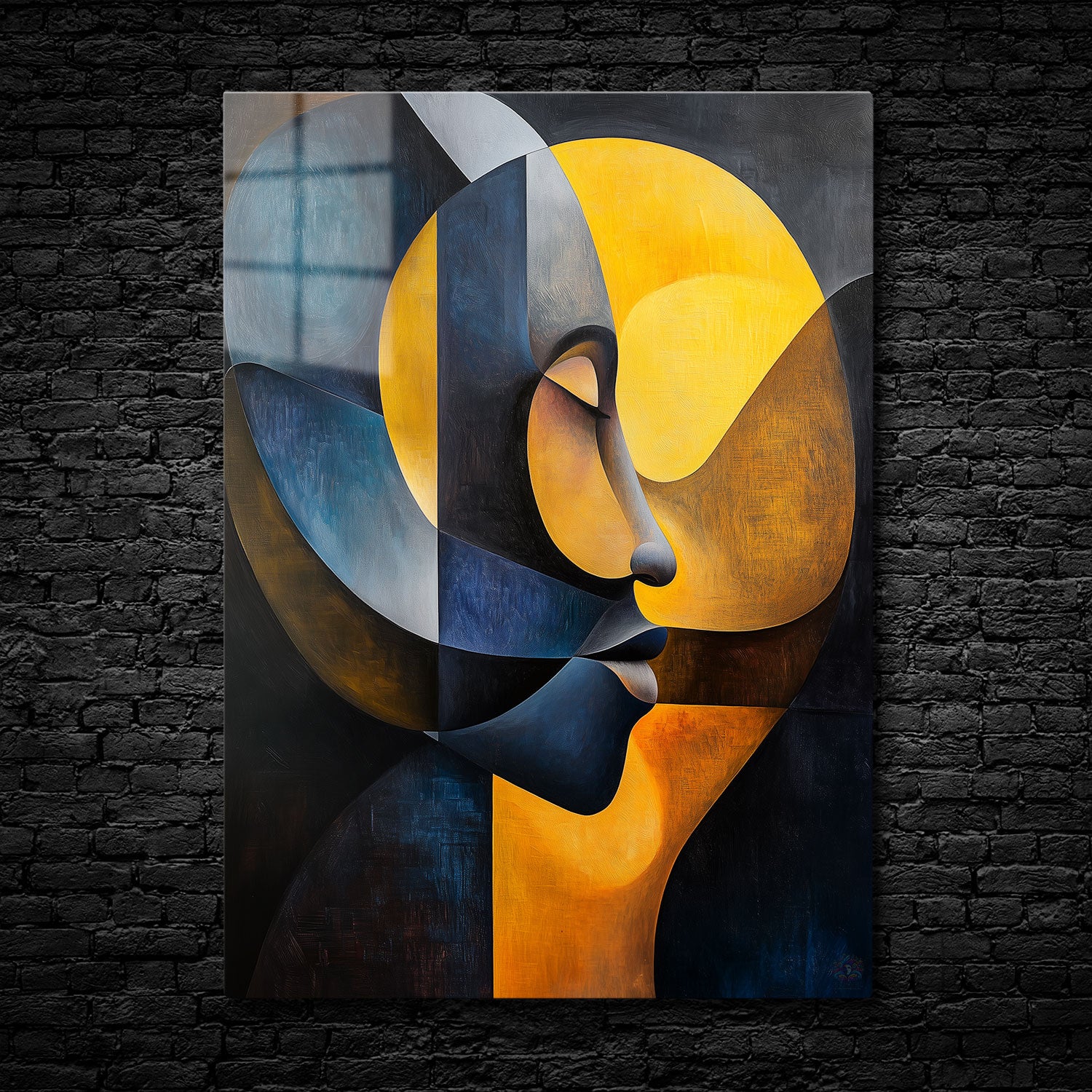 Abstract art of a face in profile, made with geometric shapes in yellow, blue, and gray, symbolizing balance and harmony between light and shadow.