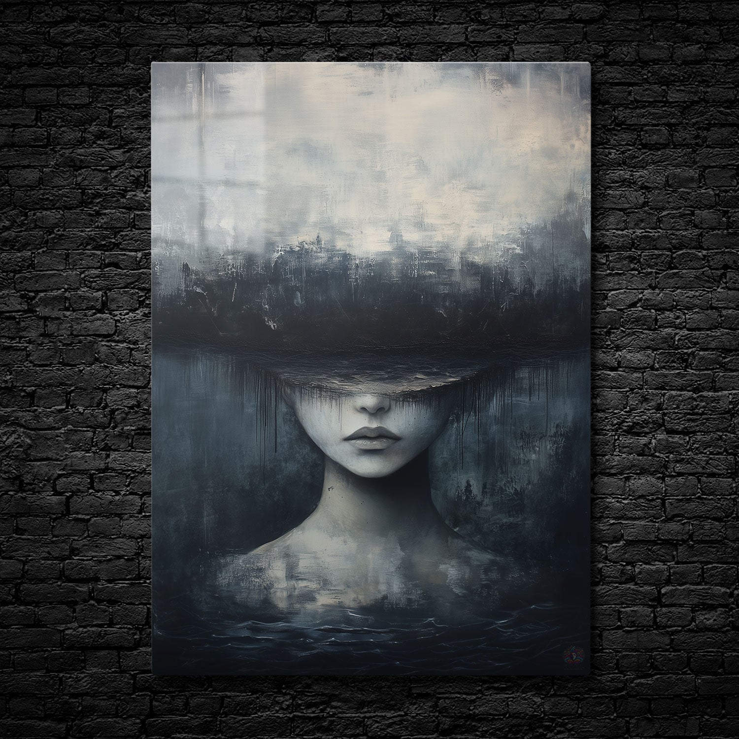  A surreal portrait of a woman's face partially obscured by a dark, abstract landscape, blending sky and water - Metal Print