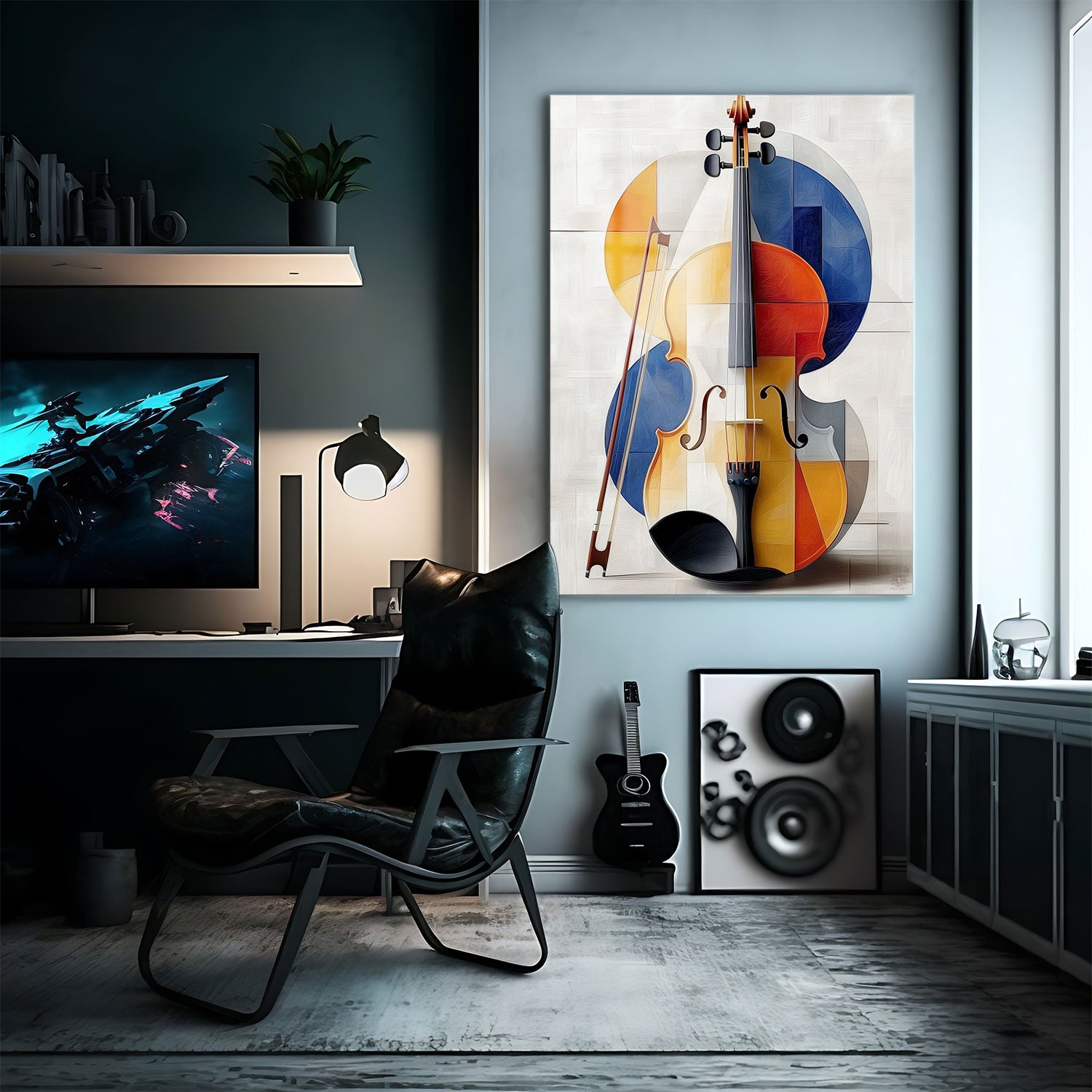 This vibrant metal print artfully combines the elegance of a violin with a bold abstract design - Metal Print